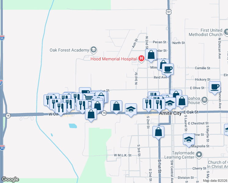 map of restaurants, bars, coffee shops, grocery stores, and more near 628 West Oak Street in Amite City