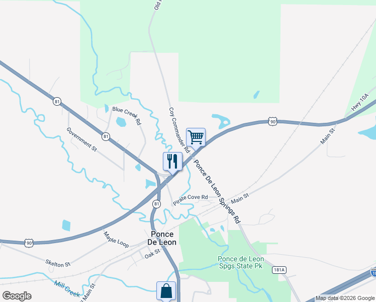 map of restaurants, bars, coffee shops, grocery stores, and more near 2822 Coy Commander Road in Ponce de Leon