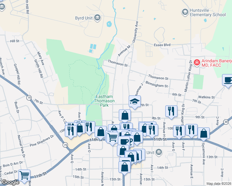 map of restaurants, bars, coffee shops, grocery stores, and more near 629 Avenue M in Huntsville
