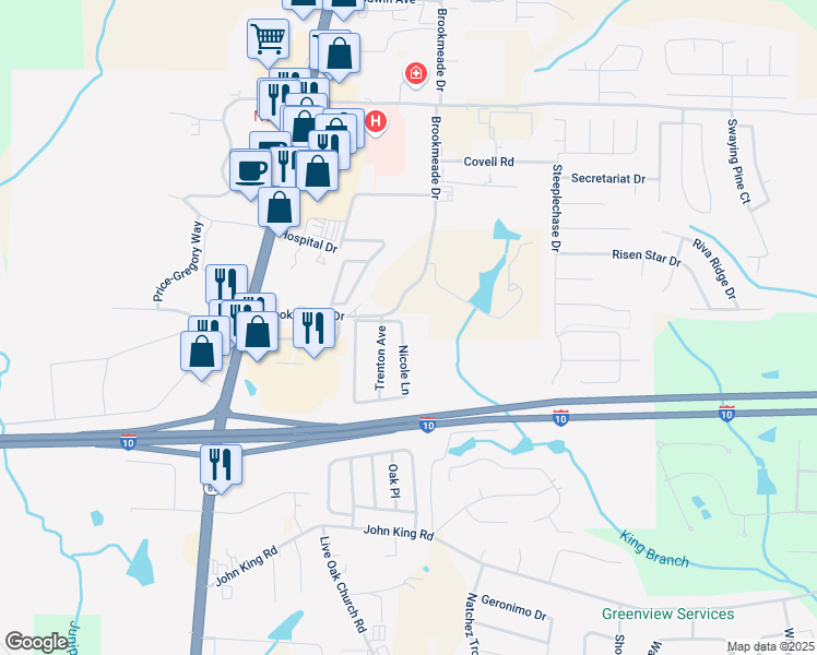 map of restaurants, bars, coffee shops, grocery stores, and more near 163 Nicole Lane in Crestview