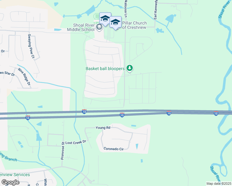 map of restaurants, bars, coffee shops, grocery stores, and more near 957 Merganser Way in Crestview