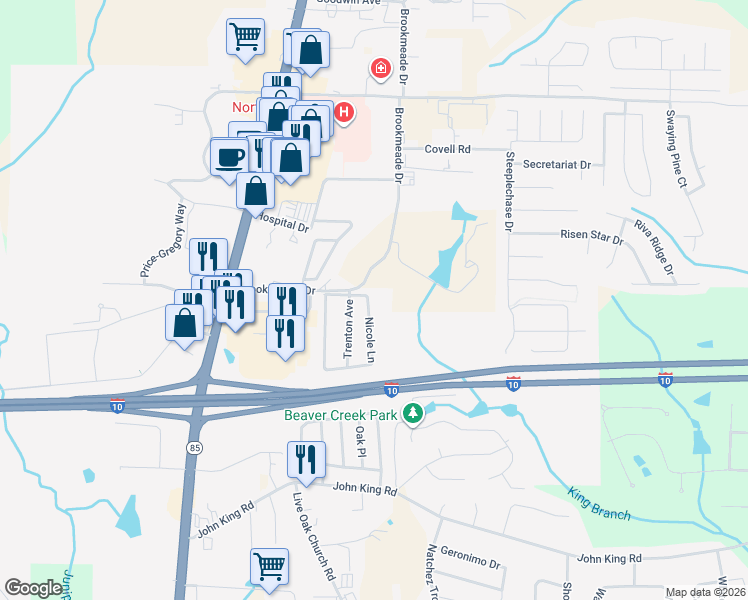 map of restaurants, bars, coffee shops, grocery stores, and more near 167 Nicole Lane in Crestview
