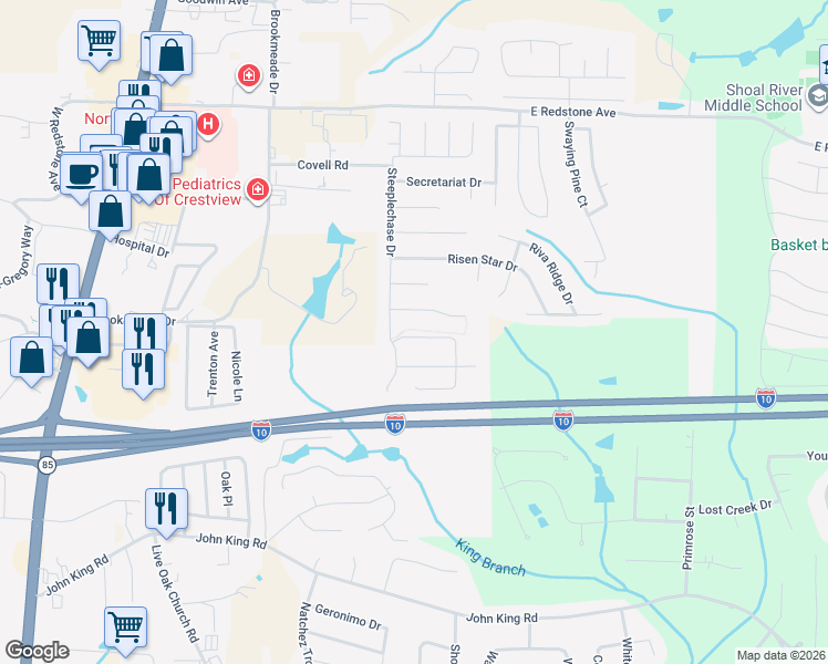 map of restaurants, bars, coffee shops, grocery stores, and more near 707 Majestic Prince Court in Crestview