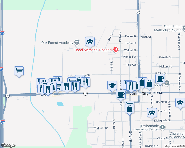 map of restaurants, bars, coffee shops, grocery stores, and more near 628 West Oak Street in Amite City