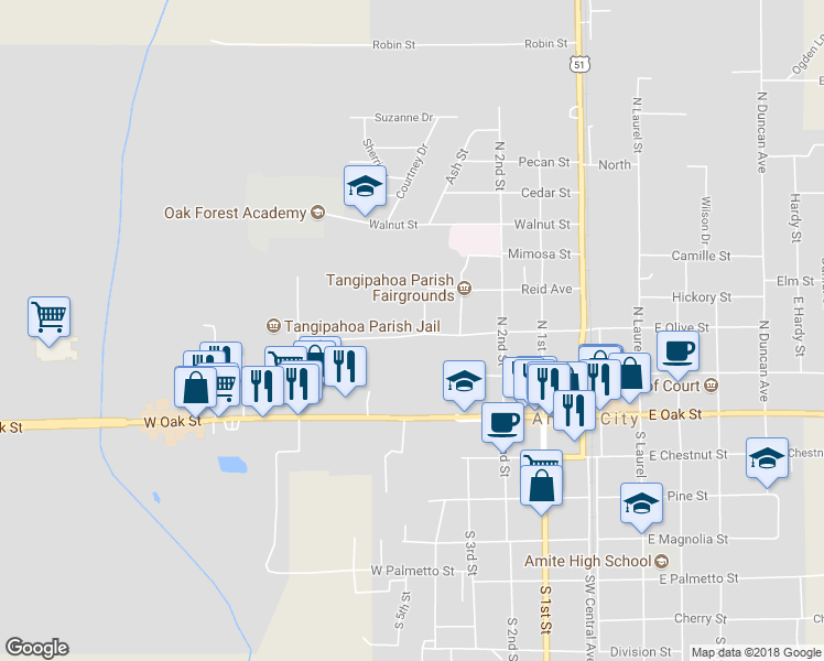 map of restaurants, bars, coffee shops, grocery stores, and more near 504 West Olive Street in Amite City