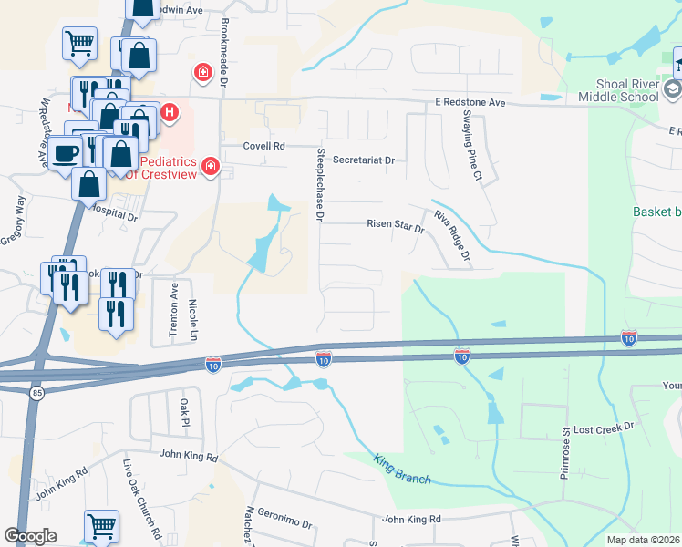 map of restaurants, bars, coffee shops, grocery stores, and more near 707 Majestic Prince Court in Crestview