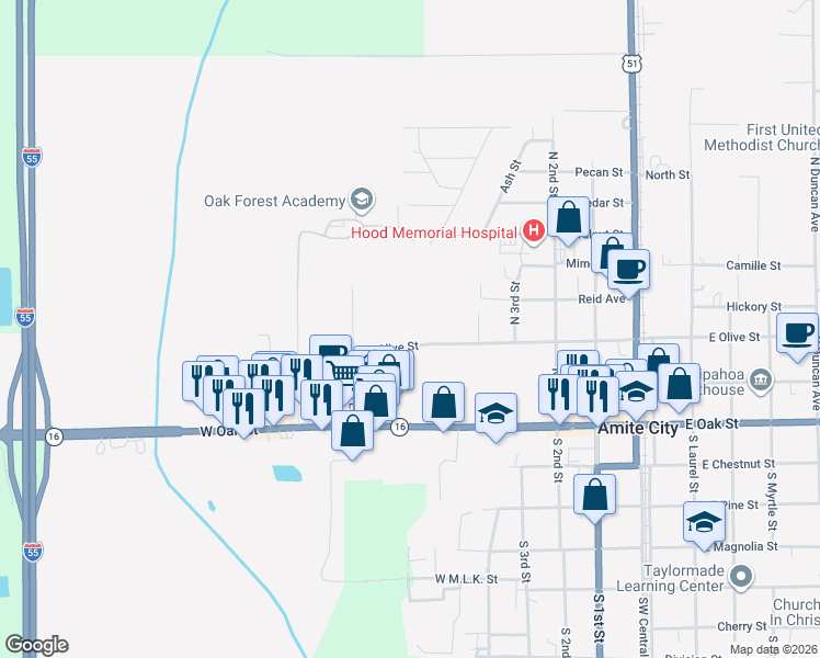 map of restaurants, bars, coffee shops, grocery stores, and more near 504 West Olive Street in Amite City