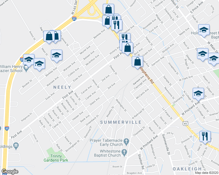 map of restaurants, bars, coffee shops, grocery stores, and more near 1916 3rd Avenue in Mobile