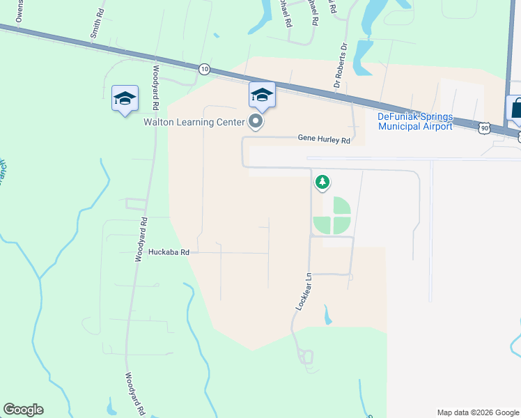 map of restaurants, bars, coffee shops, grocery stores, and more near Whispering Lane in DeFuniak Springs