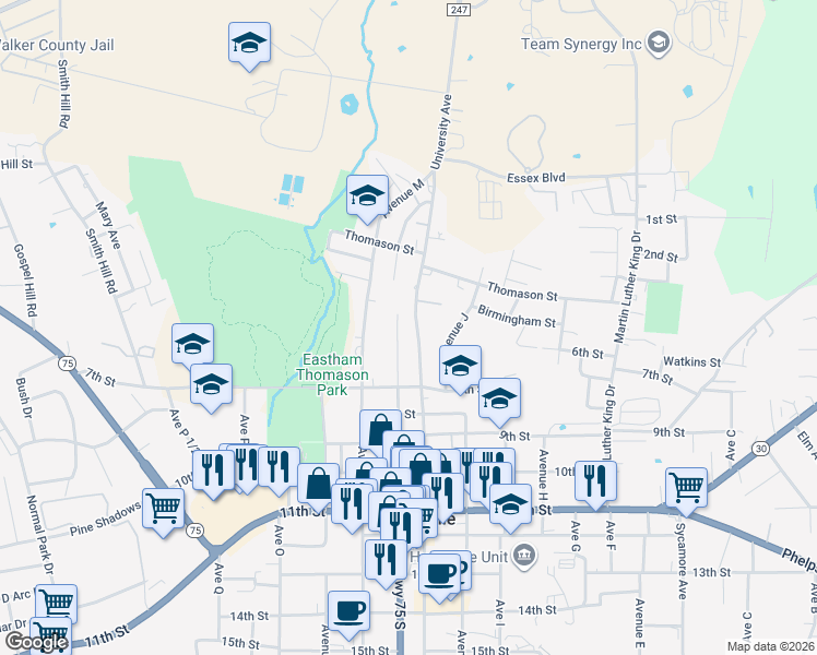 map of restaurants, bars, coffee shops, grocery stores, and more near 608 North Sam Houston Avenue in Huntsville