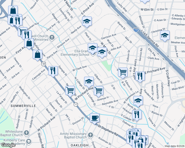 map of restaurants, bars, coffee shops, grocery stores, and more near 900-998 Alice Avenue in Prichard
