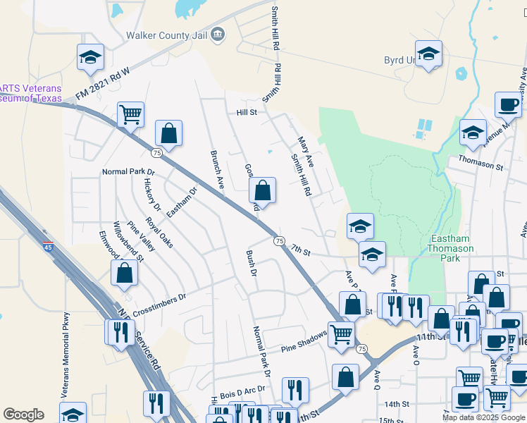 map of restaurants, bars, coffee shops, grocery stores, and more near 224 Texas 75 in Huntsville