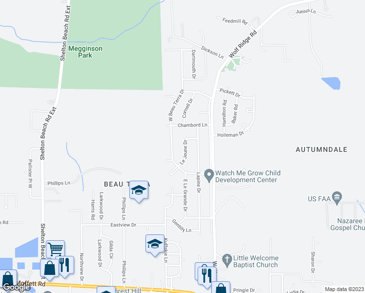 map of restaurants, bars, coffee shops, grocery stores, and more near 1927 Le Jeune Drive in Mobile