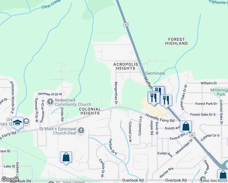 map of restaurants, bars, coffee shops, grocery stores, and more near 1925 Morgenthau Drive in Mobile