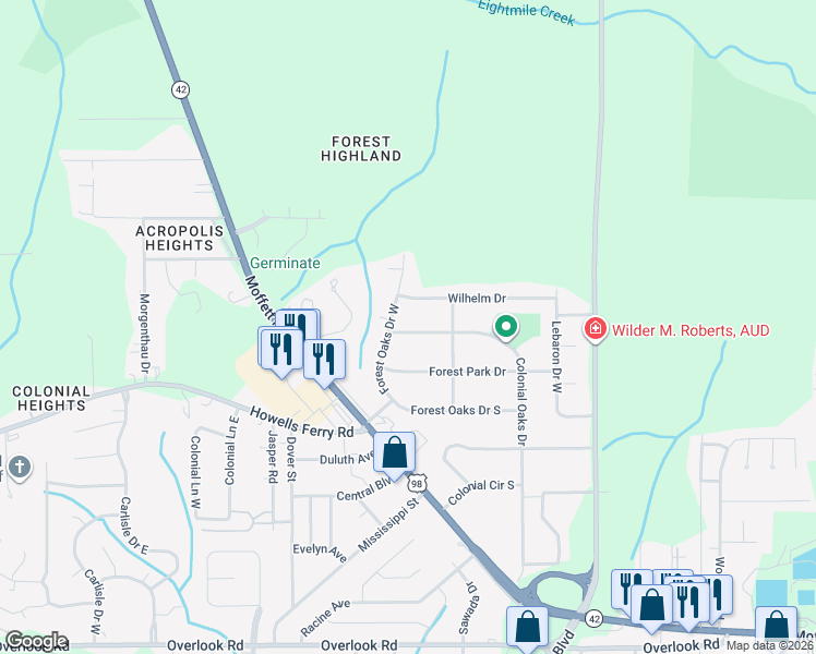 map of restaurants, bars, coffee shops, grocery stores, and more near 5424 Colonial Oaks Drive in Mobile