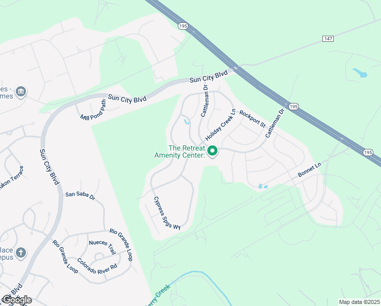 map of restaurants, bars, coffee shops, grocery stores, and more near Holiday Creek Lane in Georgetown