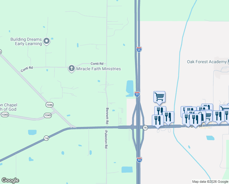 map of restaurants, bars, coffee shops, grocery stores, and more near 60154 Bennett Road in Amite City