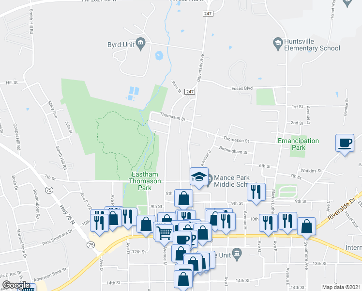 map of restaurants, bars, coffee shops, grocery stores, and more near 608 North Sam Houston Avenue in Huntsville