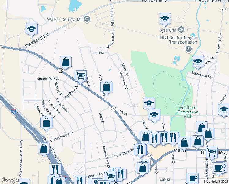 map of restaurants, bars, coffee shops, grocery stores, and more near 224 Sh 75 North in Huntsville