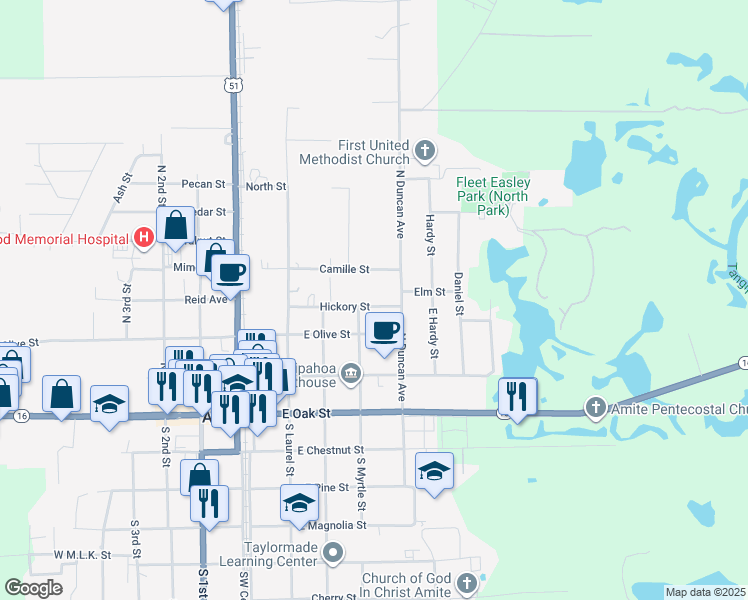 map of restaurants, bars, coffee shops, grocery stores, and more near 410 Hickory Street in Amite City