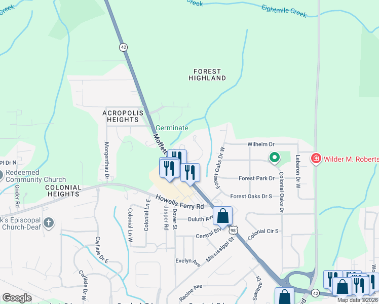 map of restaurants, bars, coffee shops, grocery stores, and more near 1913 Foxfire Road in Mobile