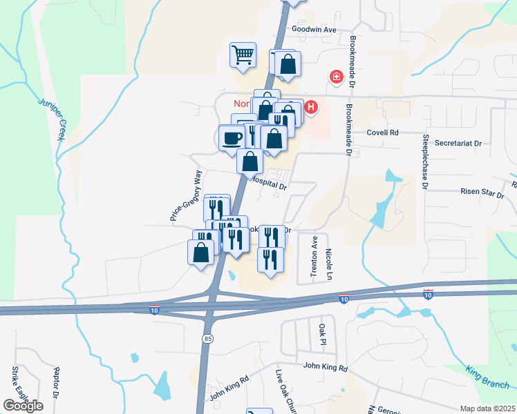 map of restaurants, bars, coffee shops, grocery stores, and more near 910 Brookmeade Drive in Crestview