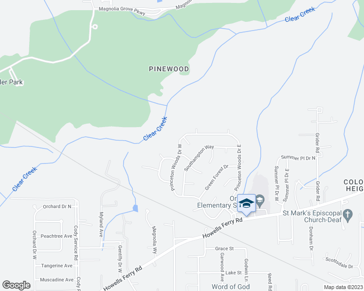 map of restaurants, bars, coffee shops, grocery stores, and more near 1808 Princeton Woods Drive West in Mobile