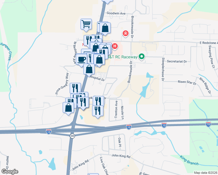 map of restaurants, bars, coffee shops, grocery stores, and more near 157 Creve Core Drive in Crestview