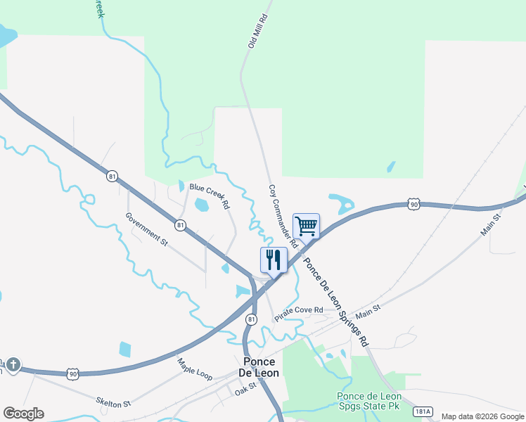 map of restaurants, bars, coffee shops, grocery stores, and more near 2822-2826 Coy Commander Road in Ponce de Leon