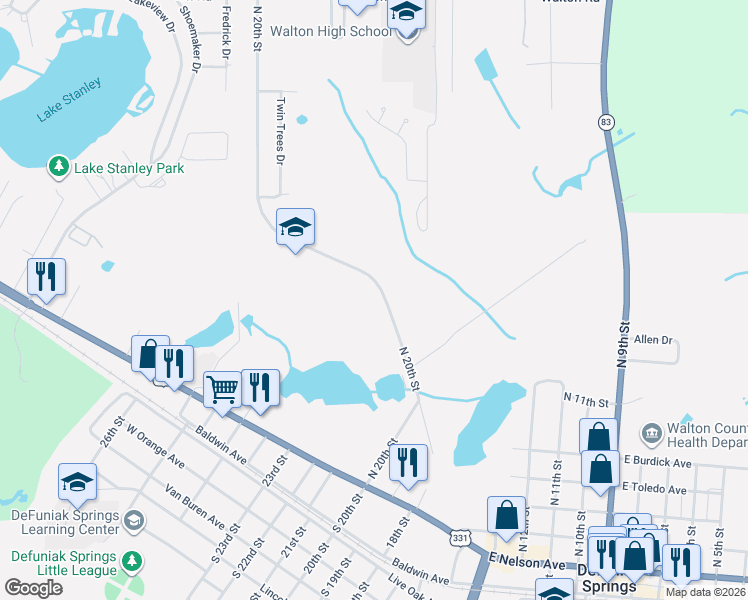 map of restaurants, bars, coffee shops, grocery stores, and more near 591 North 20th Street in DeFuniak Springs