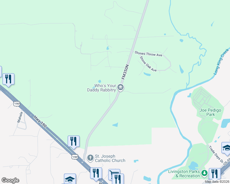 map of restaurants, bars, coffee shops, grocery stores, and more near 825 Farm to Market Road 350 North in Livingston