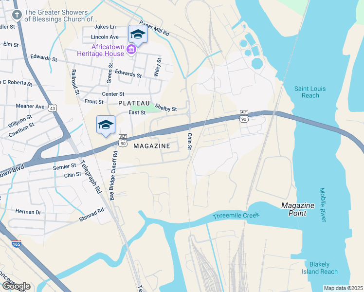 map of restaurants, bars, coffee shops, grocery stores, and more near 301 Frazier Street in Mobile