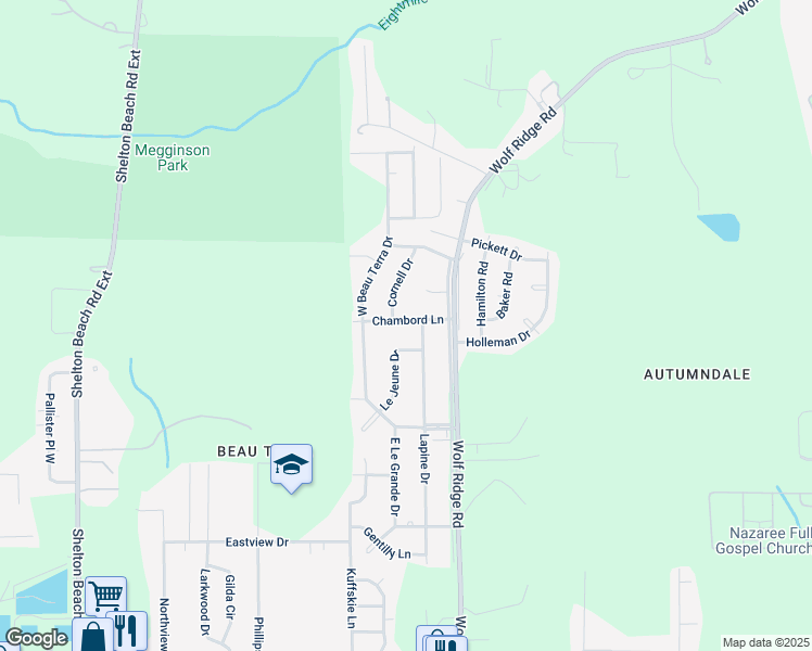 map of restaurants, bars, coffee shops, grocery stores, and more near 4160 Chambord Lane in Mobile