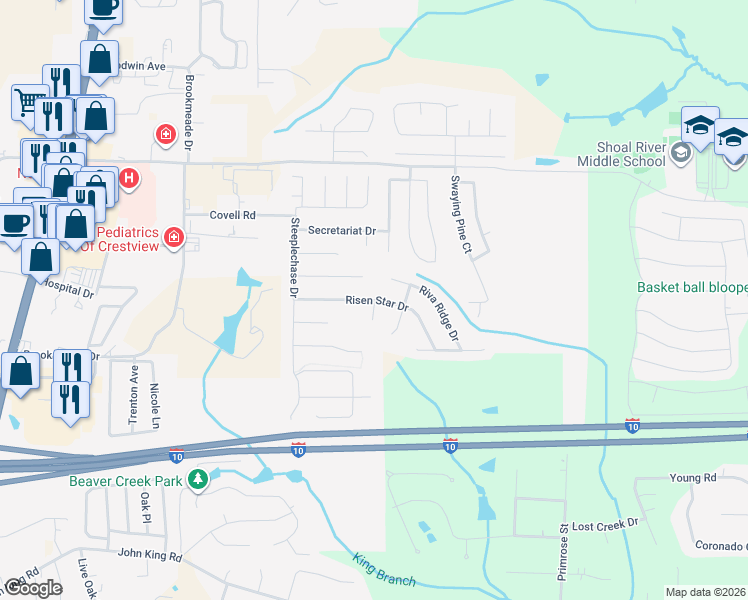 map of restaurants, bars, coffee shops, grocery stores, and more near 598 Gallant Fox Lane in Crestview
