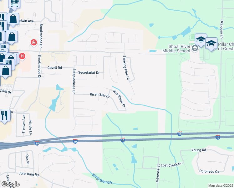 map of restaurants, bars, coffee shops, grocery stores, and more near 717 Riva Ridge Drive in Crestview