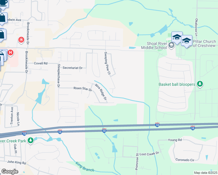 map of restaurants, bars, coffee shops, grocery stores, and more near 293 Swaying Pine Court in Crestview