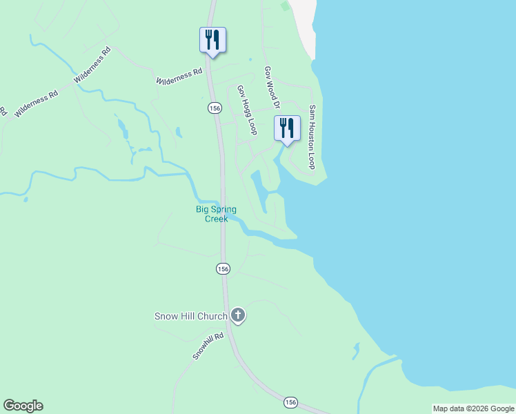 map of restaurants, bars, coffee shops, grocery stores, and more near 343 Governor Hogg Drive in Point Blank