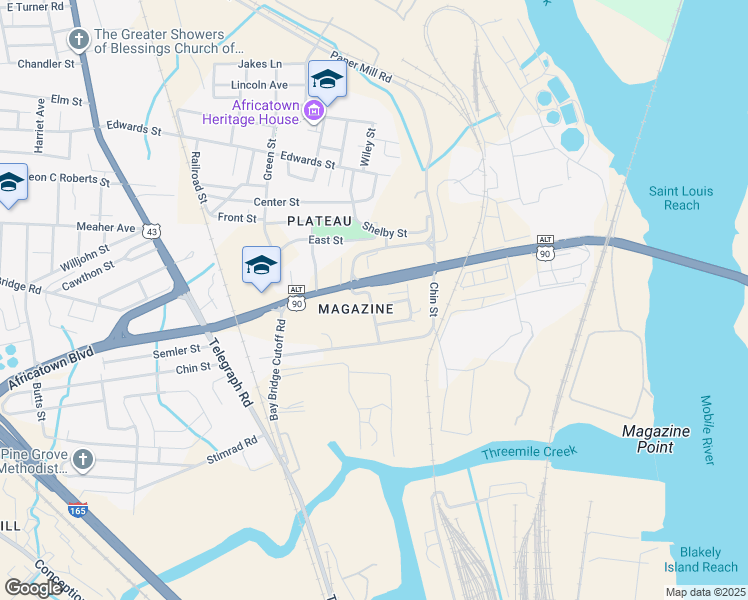 map of restaurants, bars, coffee shops, grocery stores, and more near 2004 South Magazine Road in Mobile