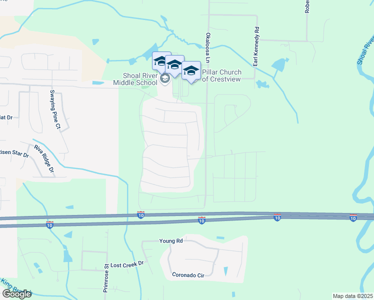 map of restaurants, bars, coffee shops, grocery stores, and more near 919 Merganser Way in Crestview