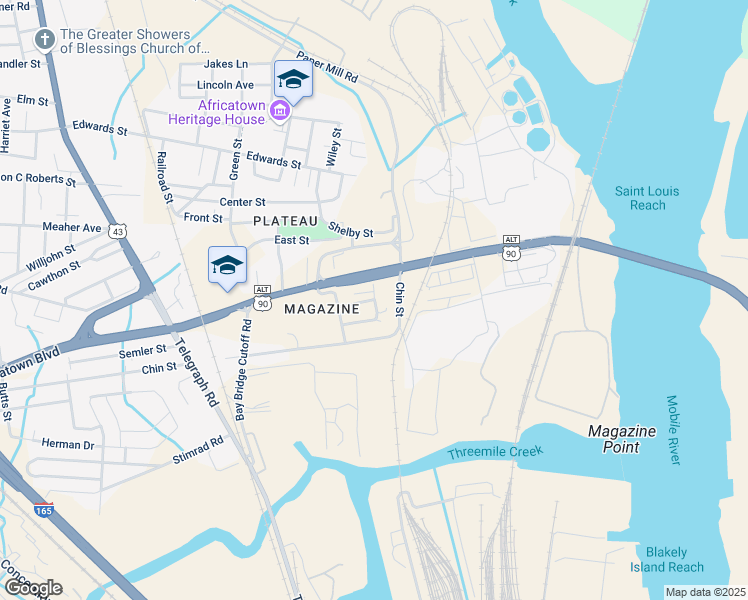 map of restaurants, bars, coffee shops, grocery stores, and more near 301 Frazier Street in Mobile