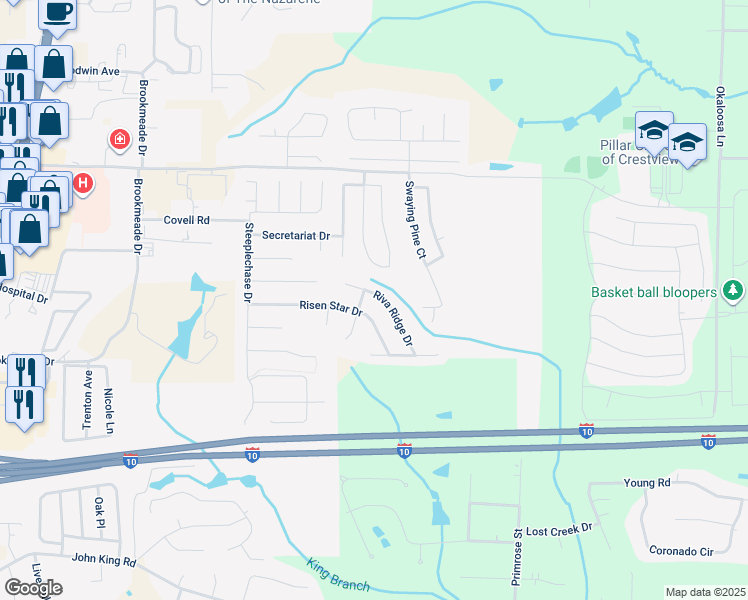 map of restaurants, bars, coffee shops, grocery stores, and more near 723 Riva Ridge Drive in Crestview