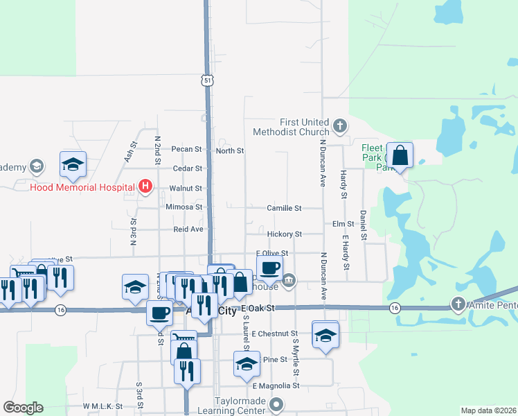 map of restaurants, bars, coffee shops, grocery stores, and more near 212 Camille Street in Amite City
