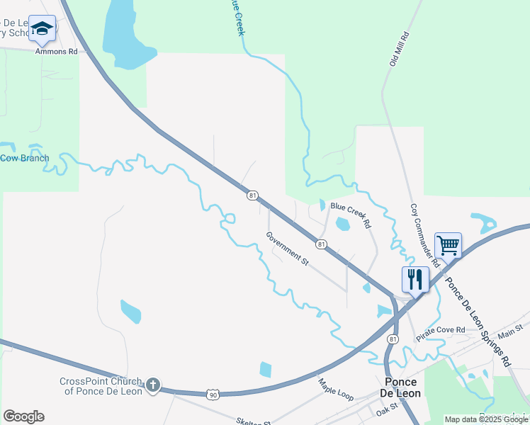 map of restaurants, bars, coffee shops, grocery stores, and more near 1542 Government Street in Ponce de Leon