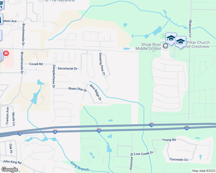 map of restaurants, bars, coffee shops, grocery stores, and more near 241 Swaying Pine Court in Crestview