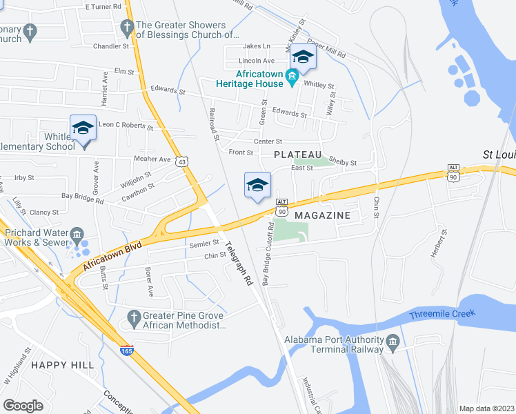 map of restaurants, bars, coffee shops, grocery stores, and more near Baybridge Road in Mobile