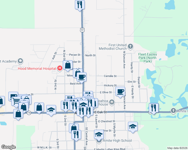 map of restaurants, bars, coffee shops, grocery stores, and more near 417 North Laurel Street in Amite City