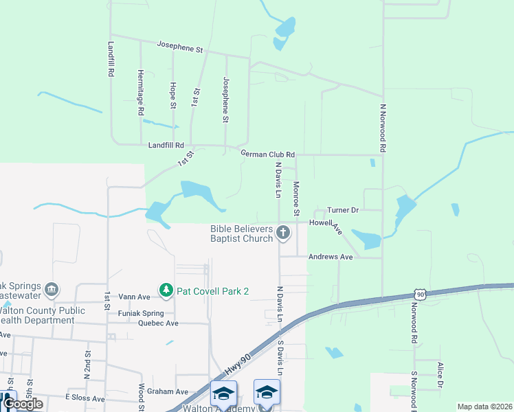 map of restaurants, bars, coffee shops, grocery stores, and more near 59 Lolley Lane in DeFuniak Springs