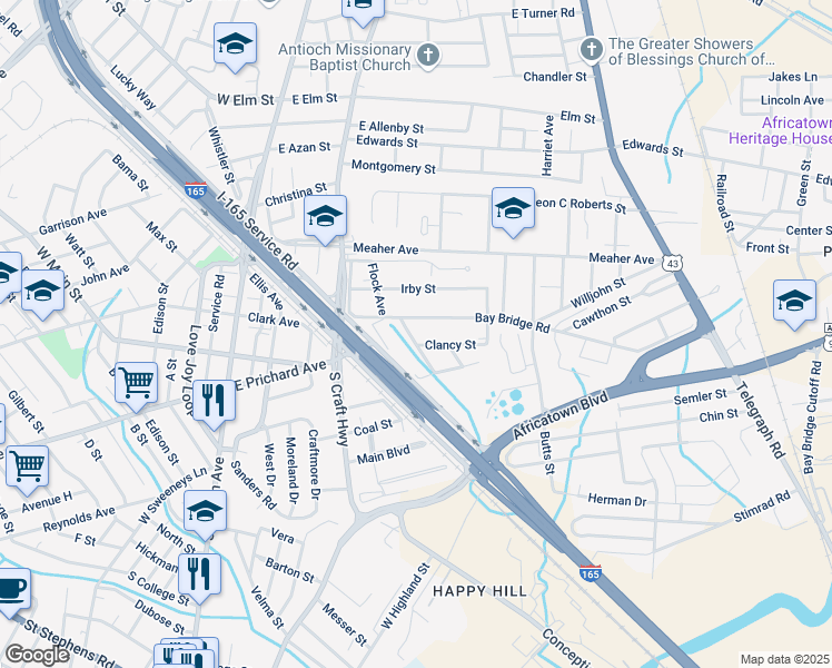 map of restaurants, bars, coffee shops, grocery stores, and more near 317 Lilly Street in Prichard