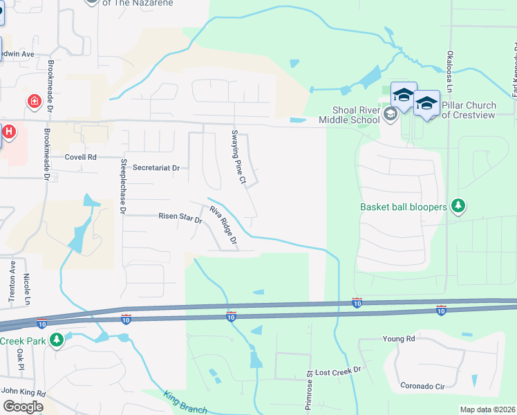 map of restaurants, bars, coffee shops, grocery stores, and more near 240 Swaying Pine Court in Crestview