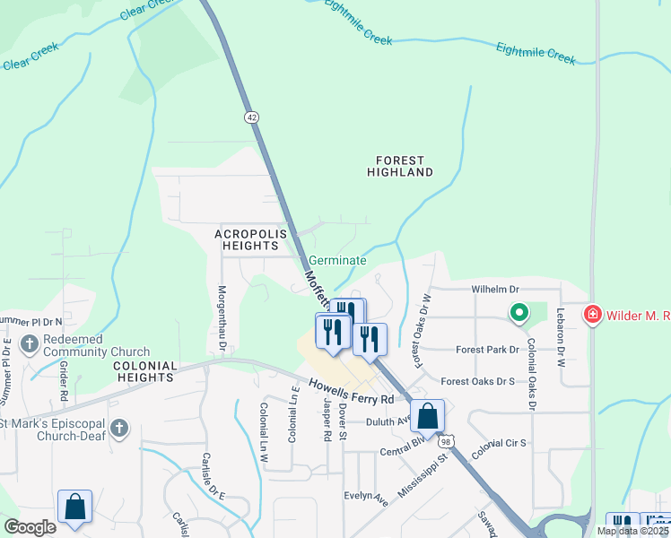 map of restaurants, bars, coffee shops, grocery stores, and more near 2112 Luckner Court in Mobile